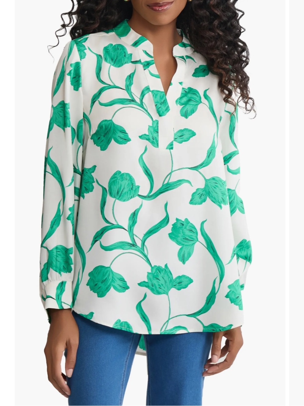 Jones New York Green Tulip Floral Long Sleeve Popover Blouse Top Size XL